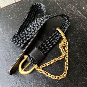 Vintage Braided Black Belt w/ Gold Chain & Hook Buckle, 60s-80s Glam
